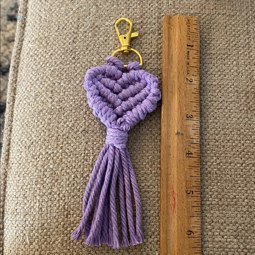 HANDCRAFTED Macrame Heart Purple Bag Charm Keychain Bohemian Purse Jewelry NEW